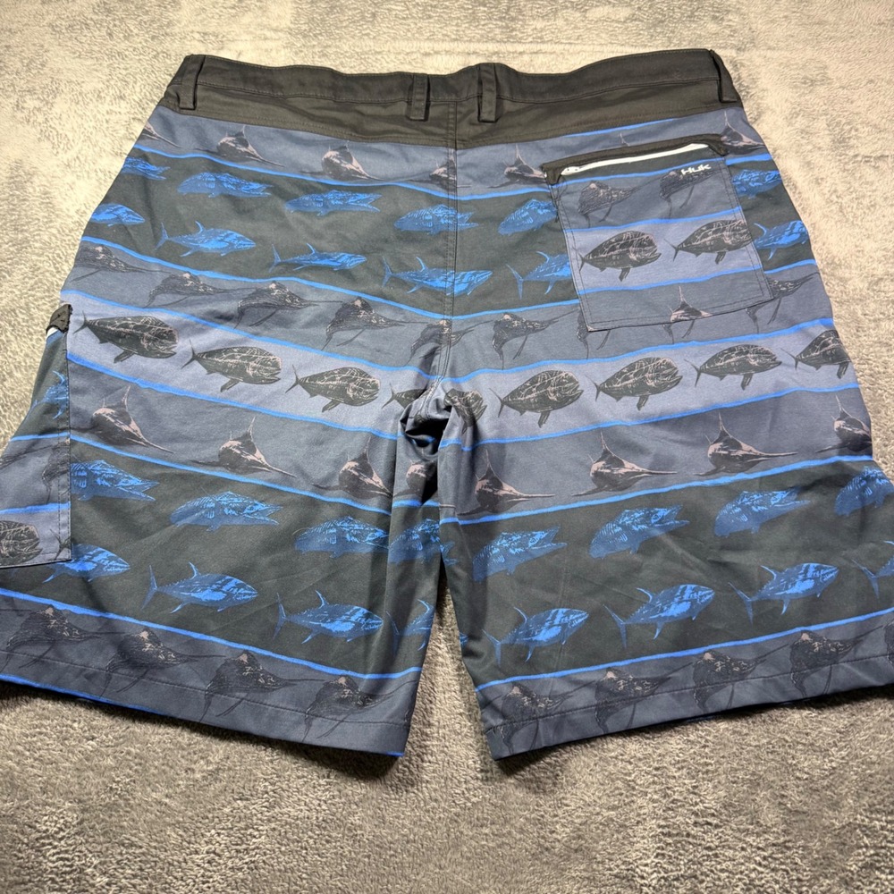 Huk Mens 42 Fishing Board Shorts Gray Blue Mahi Marlin Performance Cargo Pockets - Picture 2 of 8